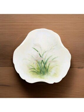 Vtg dish Hand Painted floral Porcelain Trefoil raised scalloped edges Signed